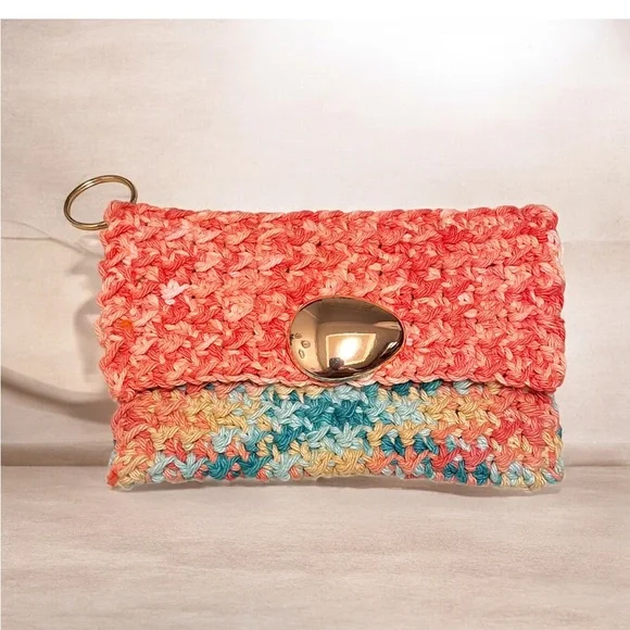 New Handcrafted joyful Multicolor Crochet hand knit Clutch pouch coral teal - Picture 9 of 9